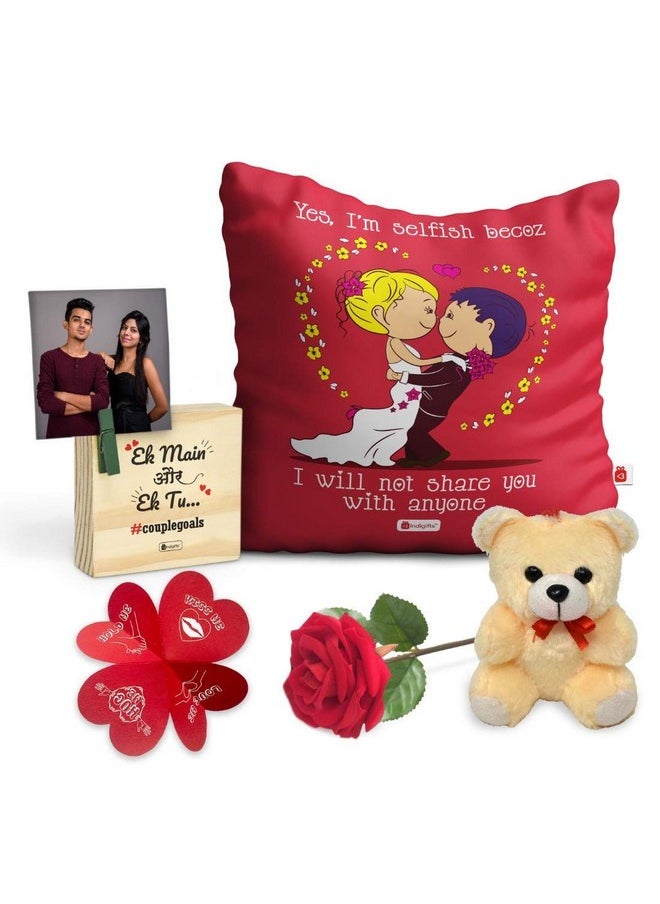 Indigifts Indigifts Valentine Hamper Cotton Cushion Cover with Filler:: Photo Stand:: Greeting Card:: Artificial Rose::  - Image 1
