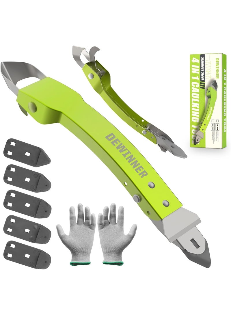 DEWINNER 4 in 1 Silicone Caulking Tool Kit (full body stainless steel), Caulking Scraper Set, Trimming Tool with 5* Silicone Mats 1* Glove, Adhesive Corner Scraper for Kitchen, Bathroom and Window Sinks - Image 1