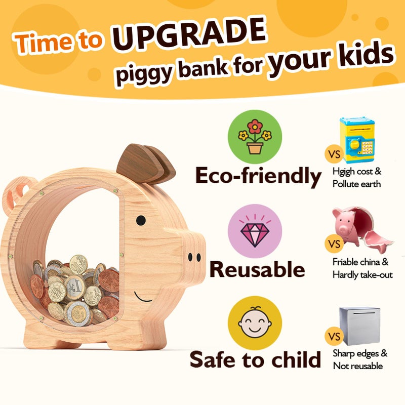 Summidate Wooden Piggy Bank for Kids, Larger Wood Money Bank for Boys Girls, Cute Unbreakable Money Box for toddlers, Clear Coin Bank Toys Personalized Gifts for Child Birthday Christmas & Decor - Image 3