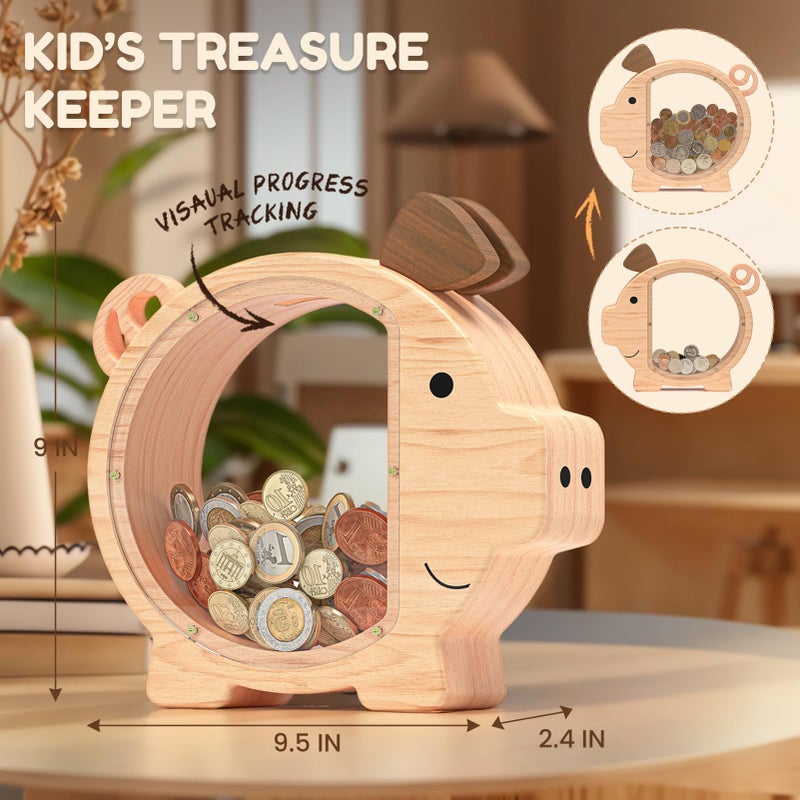 Summidate Wooden Piggy Bank for Kids, Larger Wood Money Bank for Boys Girls, Cute Unbreakable Money Box for toddlers, Clear Coin Bank Toys Personalized Gifts for Child Birthday Christmas & Decor - Image 5