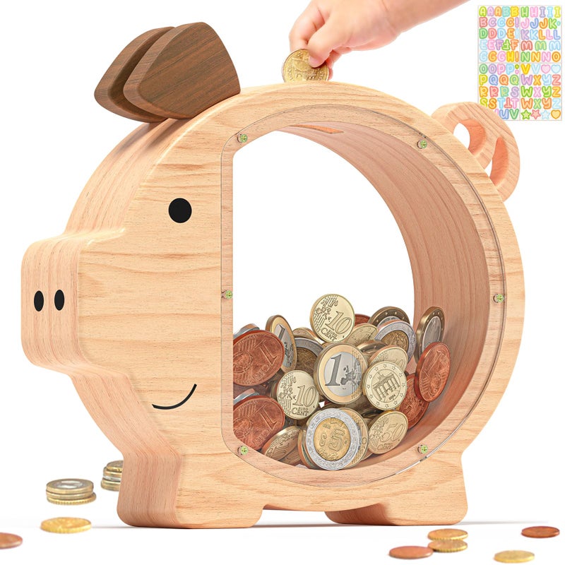 Summidate Wooden Piggy Bank for Kids, Larger Wood Money Bank for Boys Girls, Cute Unbreakable Money Box for toddlers, Clear Coin Bank Toys Personalized Gifts for Child Birthday Christmas & Decor - Image 1
