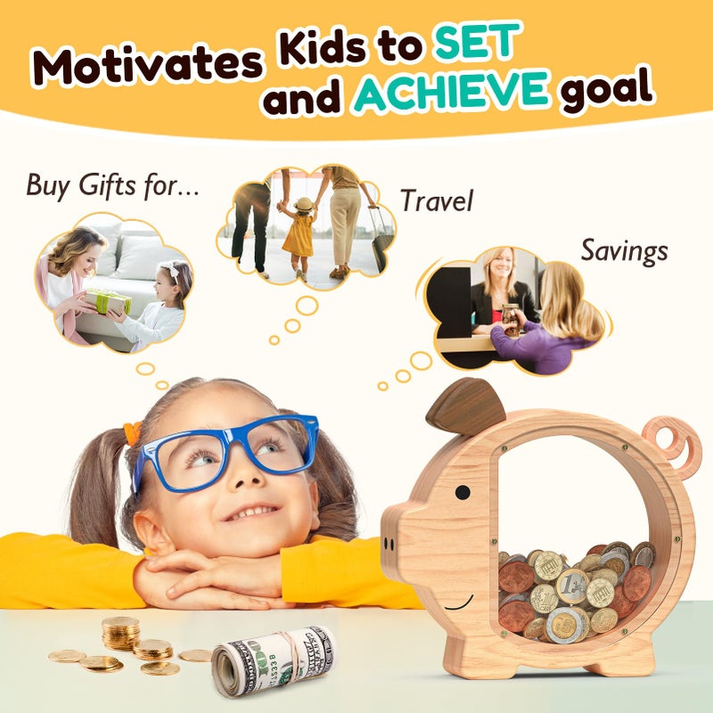 Summidate Wooden Piggy Bank for Kids, Larger Wood Money Bank for Boys Girls, Cute Unbreakable Money Box for toddlers, Clear Coin Bank Toys Personalized Gifts for Child Birthday Christmas & Decor - Image 4