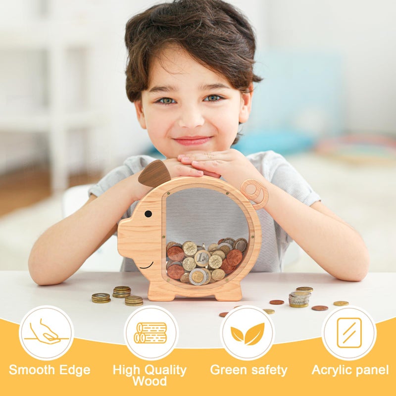 Summidate Wooden Piggy Bank for Kids, Larger Wood Money Bank for Boys Girls, Cute Unbreakable Money Box for toddlers, Clear Coin Bank Toys Personalized Gifts for Child Birthday Christmas & Decor - Image 2