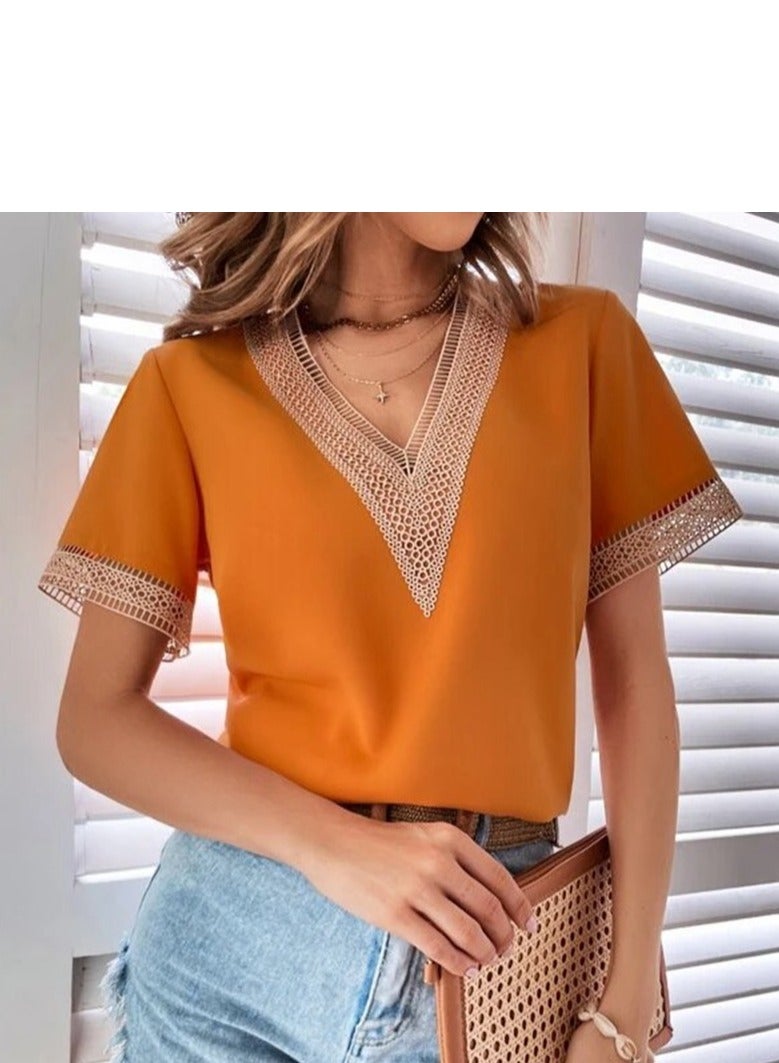 Shougu Short Sleeved V-neck Casual Ssolid Color Shirt For Women  - Image 3