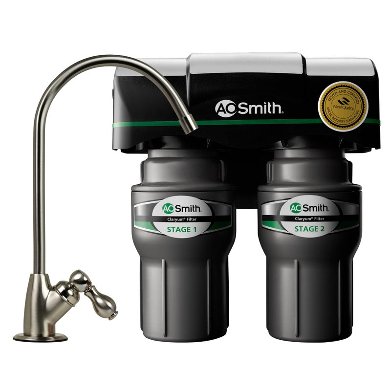 AO Smith Under Sink Water Filter System Reduces PFAS Lead Chlorine in Drinking Water Under Counter Claryum Filtration for Kitchen 2Stage AOUS200