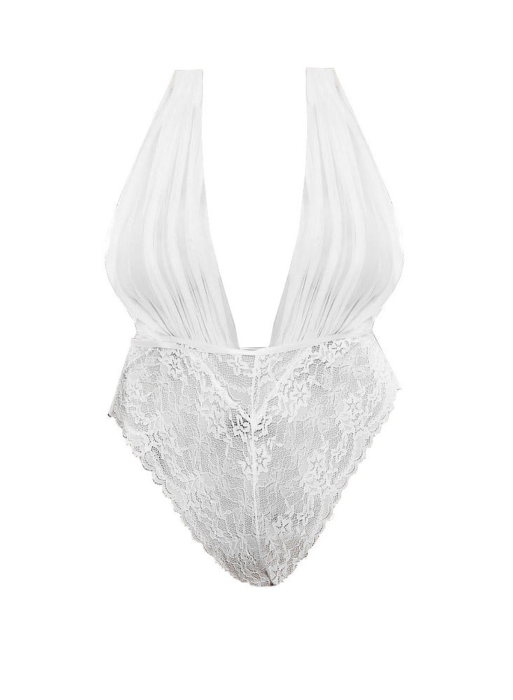 MARGOUN Womens Small Size Lace Lingerie Deep V Halter Neck One Piece Bodysuit Teddy Backless Nightwear Sleepwear White /W405 - Image 1