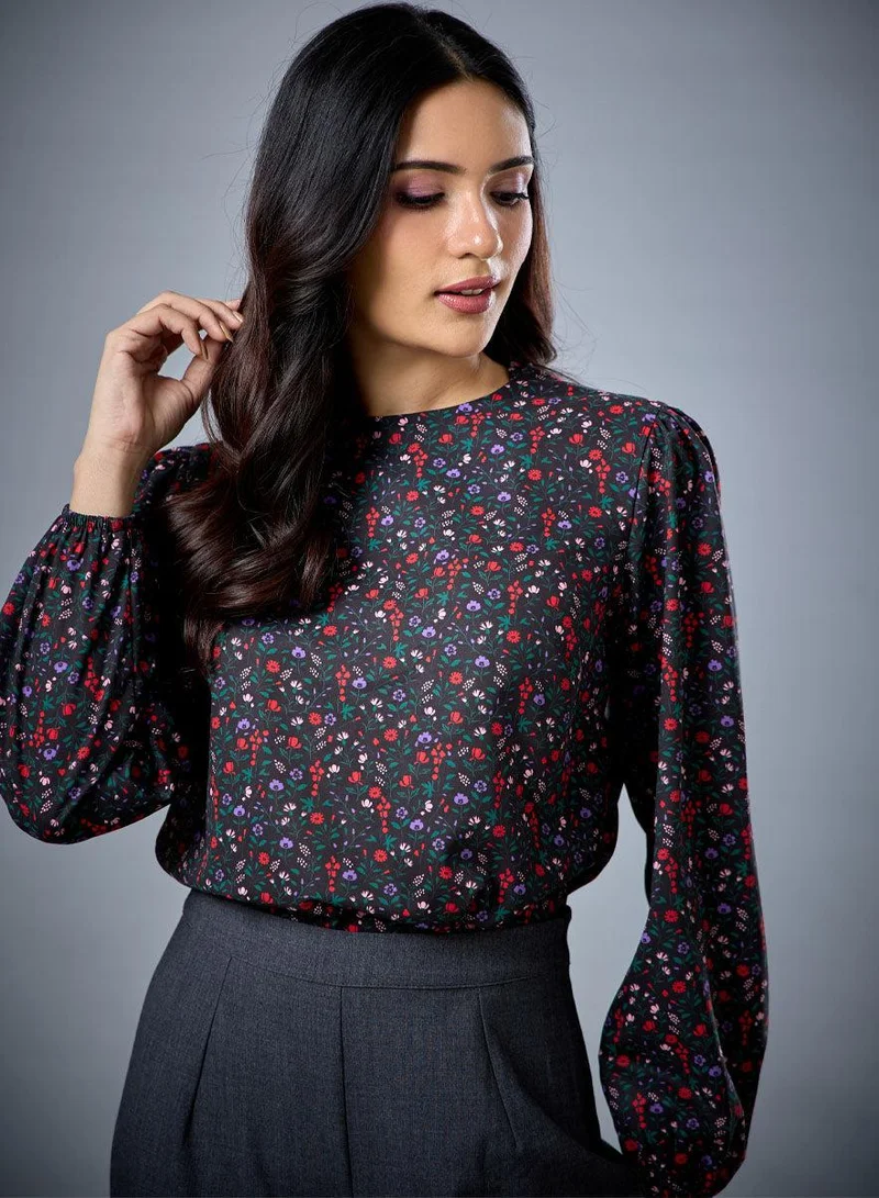 Zigzag Long Sleeve Round Neck Printed Top