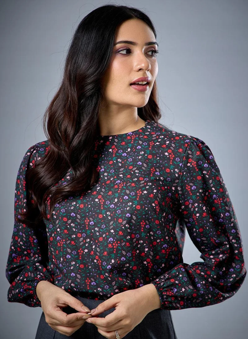 Zigzag Long Sleeve Round Neck Printed Top