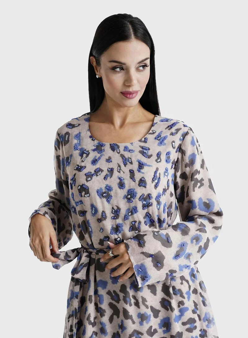 KASHKHA Grey Leopard Printed Chiffon Hand Work Maxi Dress (VDK344)