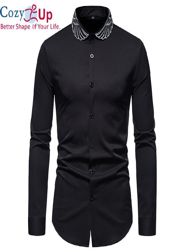 Eckek - Cozy Up Gold Embroidery White Shirt Men Stand Collar Mens Dress Shirts Casual Slim Long Sleeve - Image 1