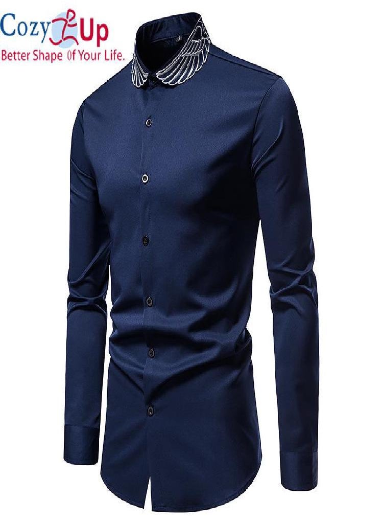 Eckek - Cozy Up Gold Embroidery White Shirt Men Stand Collar Mens Dress Shirts Casual Slim Long Sleeve - Image 1