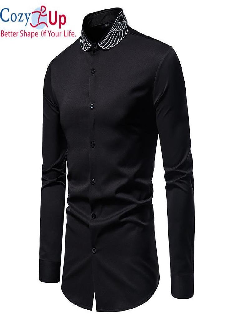 Eckek - Cozy Up Gold Embroidery White Shirt Men Stand Collar Mens Dress Shirts Casual Slim Long Sleeve - Image 1