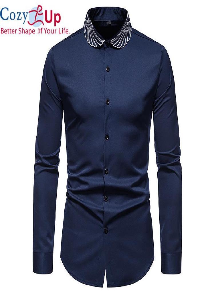 Eckek - Cozy Up Gold Embroidery White Shirt Men Stand Collar Mens Dress Shirts Casual Slim Long Sleeve - Image 1