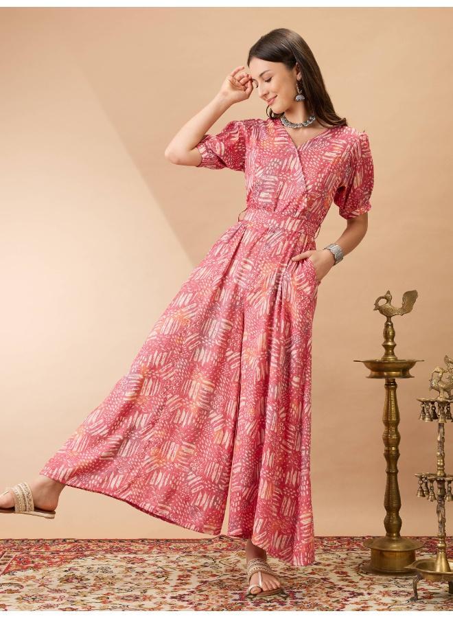 Globus Women Pink Abstract Printed Fusion Jumpsuit with Wrap V Neck and Puff Sleeves - Image 1