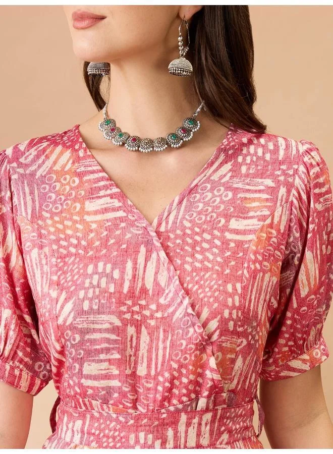 Globus  Globus Women Pink Abstract Printed Fusion Jumpsuit with Wrap V Neck and Puff Sleeves for Women | Best Price UAE