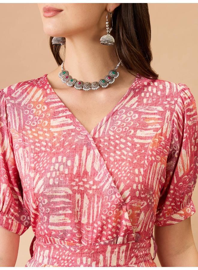 Globus Women Pink Abstract Printed Fusion Jumpsuit with Wrap V Neck and Puff Sleeves - Image 5