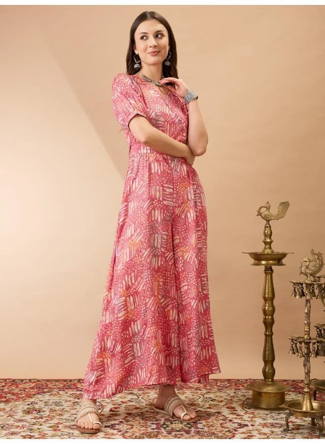 Globus  Globus Women Pink Abstract Printed Fusion Jumpsuit with Wrap V Neck and Puff Sleeves for Women | Best Price UAE