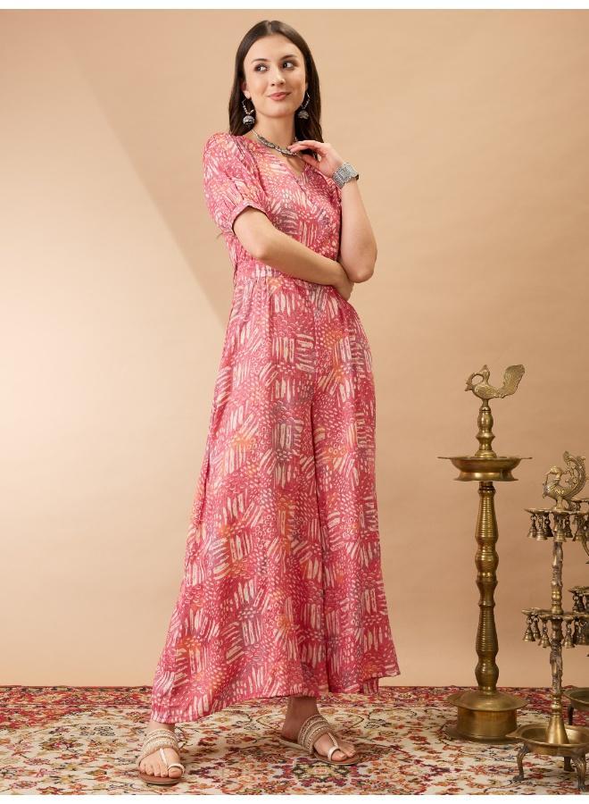Globus Women Pink Abstract Printed Fusion Jumpsuit with Wrap V Neck and Puff Sleeves - Image 3