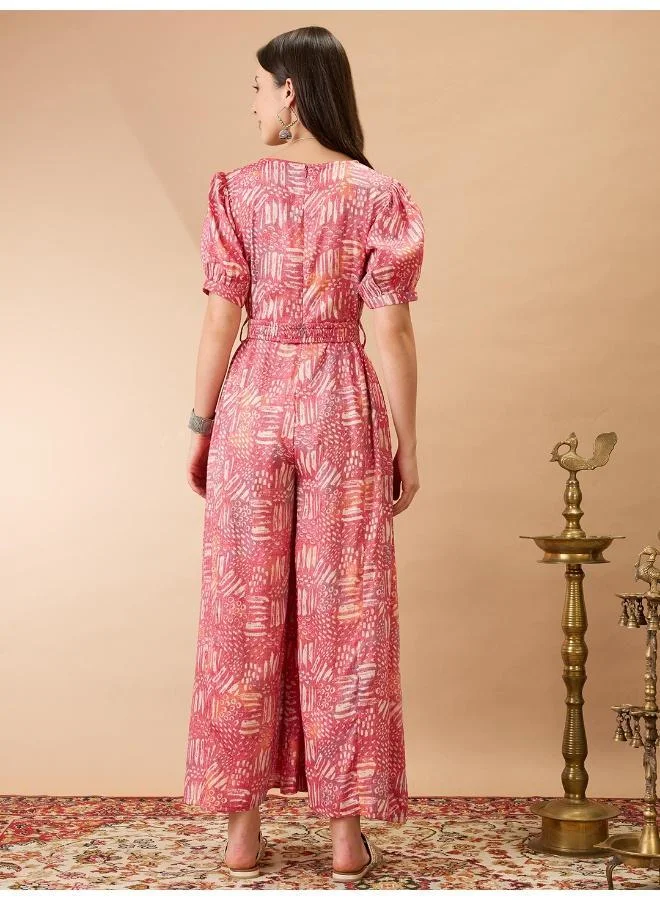 Globus  Globus Women Pink Abstract Printed Fusion Jumpsuit with Wrap V Neck and Puff Sleeves for Women | Best Price UAE