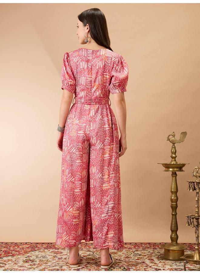 Globus Women Pink Abstract Printed Fusion Jumpsuit with Wrap V Neck and Puff Sleeves - Image 4