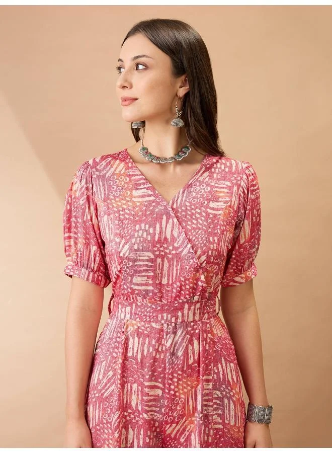 Globus  Globus Women Pink Abstract Printed Fusion Jumpsuit with Wrap V Neck and Puff Sleeves for Women | Best Price UAE