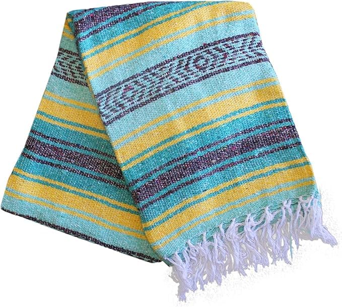Del Mex Classic Mexican Blanket  Large Authentic Woven Falsa Throw (75""x50"")  Artisan Southwest D?or for Beach  Yoga  Outdoors (Teal/Yellow) - Image 3
