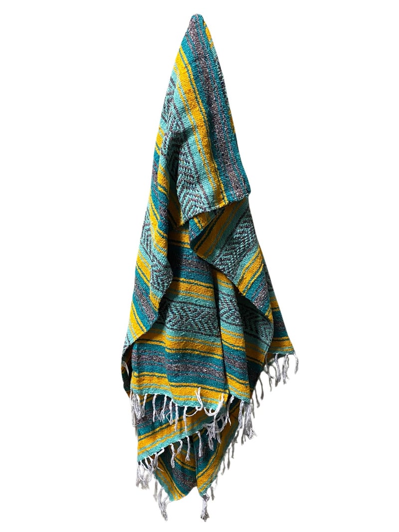 Del Mex Classic Mexican Blanket  Large Authentic Woven Falsa Throw (75""x50"")  Artisan Southwest D?or for Beach  Yoga  Outdoors (Teal/Yellow) - Image 2
