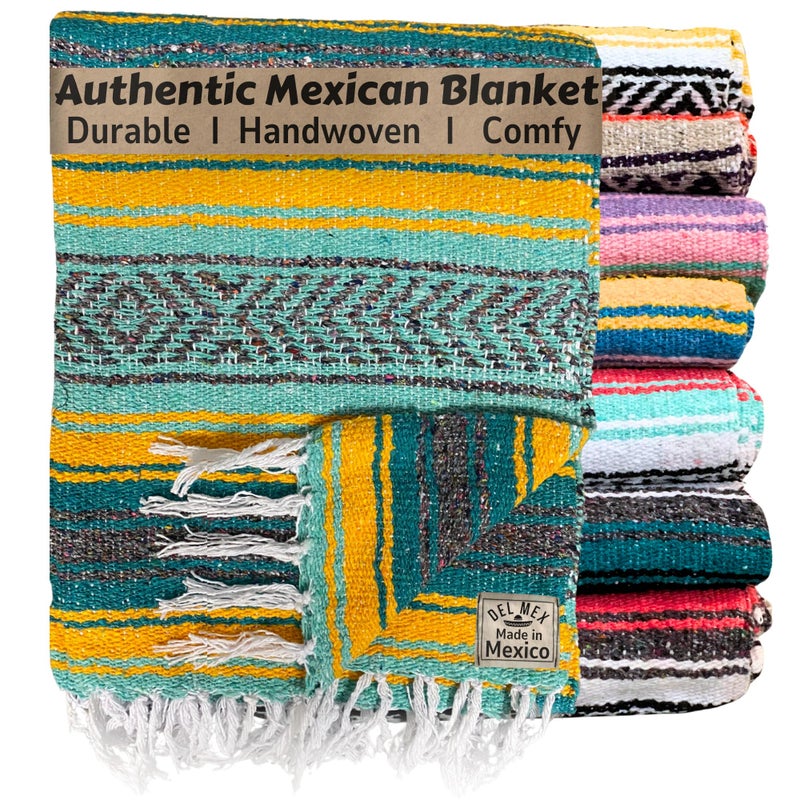 Del Mex Classic Mexican Blanket  Large Authentic Woven Falsa Throw (75""x50"")  Artisan Southwest D?or for Beach  Yoga  Outdoors (Teal/Yellow) - Image 1