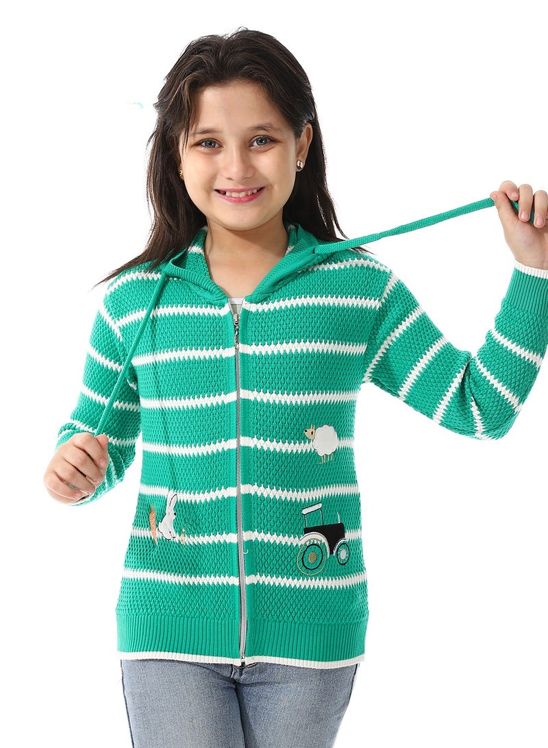 Andora Girls Hooded Neck Striped Sweatshirt _ Green  - Image 1
