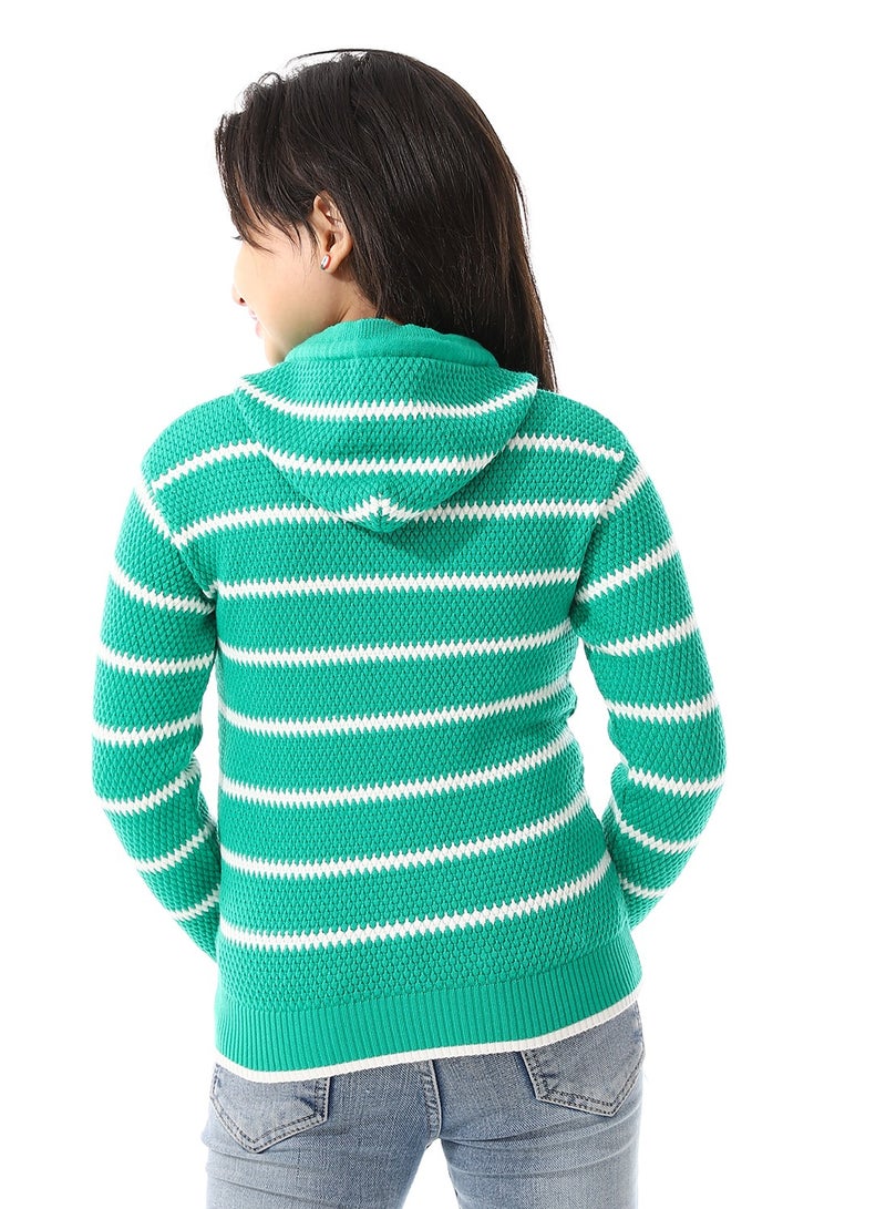 Andora Girls Hooded Neck Striped Sweatshirt _ Green  - Image 3