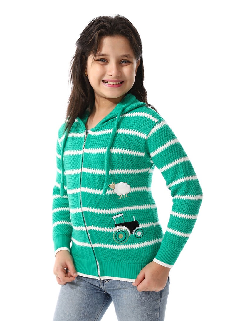 Andora Girls Hooded Neck Striped Sweatshirt _ Green  - Image 2