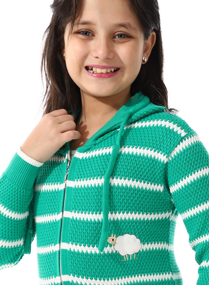 Andora Girls Hooded Neck Striped Sweatshirt _ Green  - Image 4