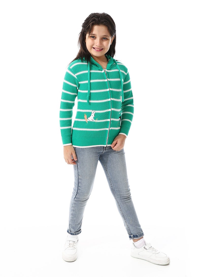 Girls Hooded Neck Striped Sweatshirt _ Green