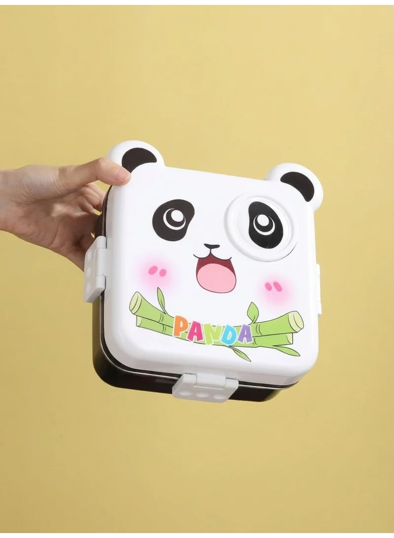 Mobcos Mobcos Happy Panda Lunch Box 3 Layer Stainless Steel Lunch Box Comes with 1 Detachable Tray, 1 Small Container & 1 Spoon Ideal for Kids BPA Free 1120ml+70ml- White Black