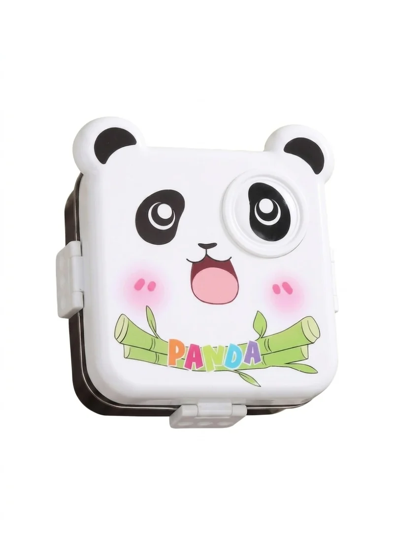 Mobcos Mobcos Happy Panda Lunch Box 3 Layer Stainless Steel Lunch Box Comes with 1 Detachable Tray, 1 Small Container & 1 Spoon Ideal for Kids BPA Free 1120ml+70ml- White Black