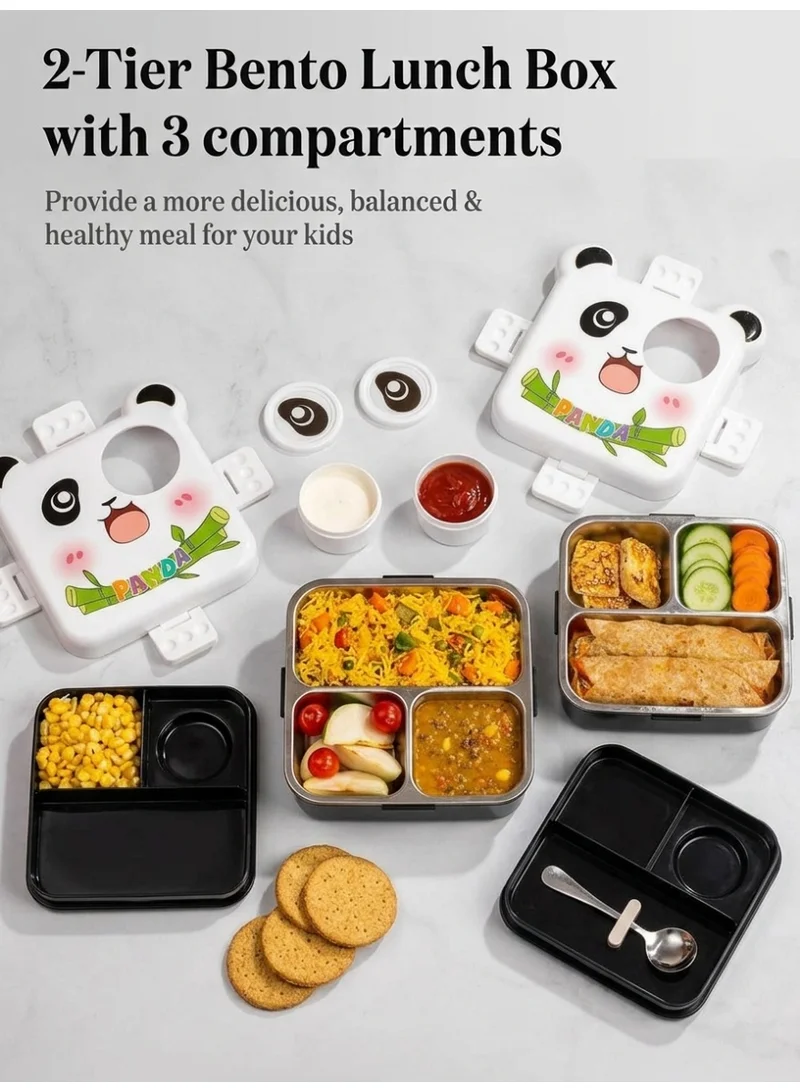 Mobcos Panda Ss Lunch Box White Mobcos Happy Panda Lunch Box 3 Layer Stainless Steel Lunch Box Comes with 1 Detachable Tray, 1 Small Container & 1 Spoon Ideal for Kids BPA Free 1120ml+70ml- White Black  | Best Price UAE