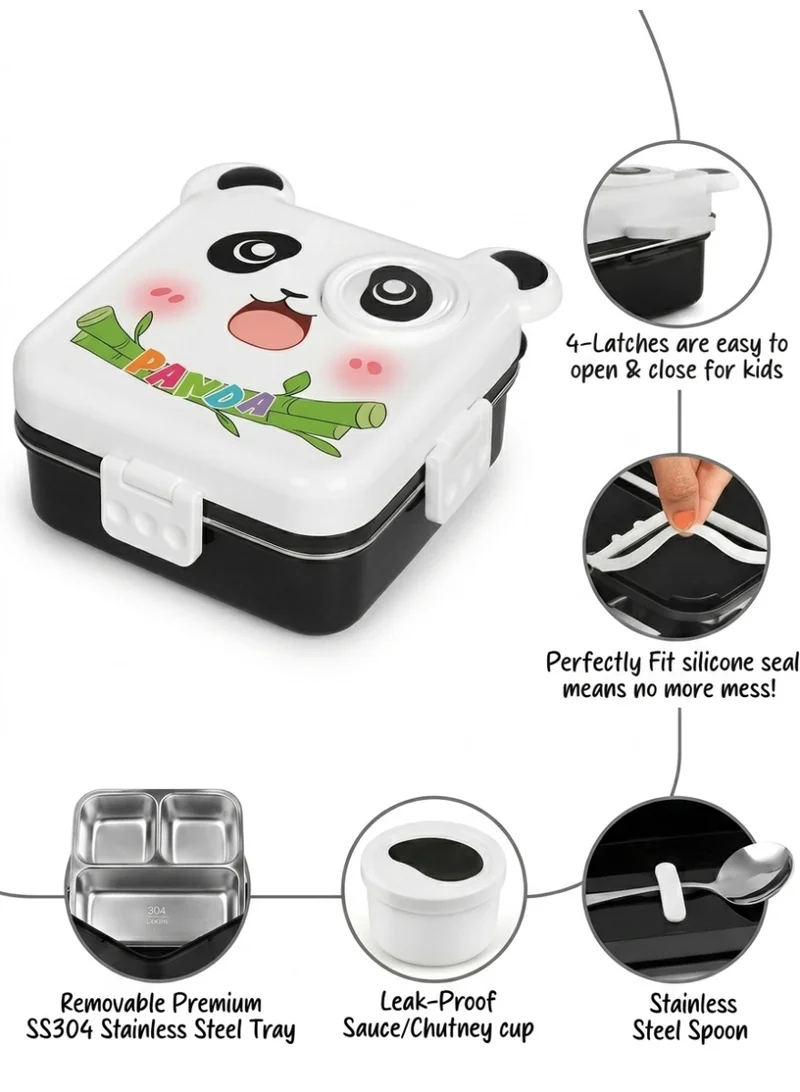 Mobcos Panda Ss Lunch Box White Mobcos Happy Panda Lunch Box 3 Layer Stainless Steel Lunch Box Comes with 1 Detachable Tray, 1 Small Container & 1 Spoon Ideal for Kids BPA Free 1120ml+70ml- White Black  | Best Price UAE