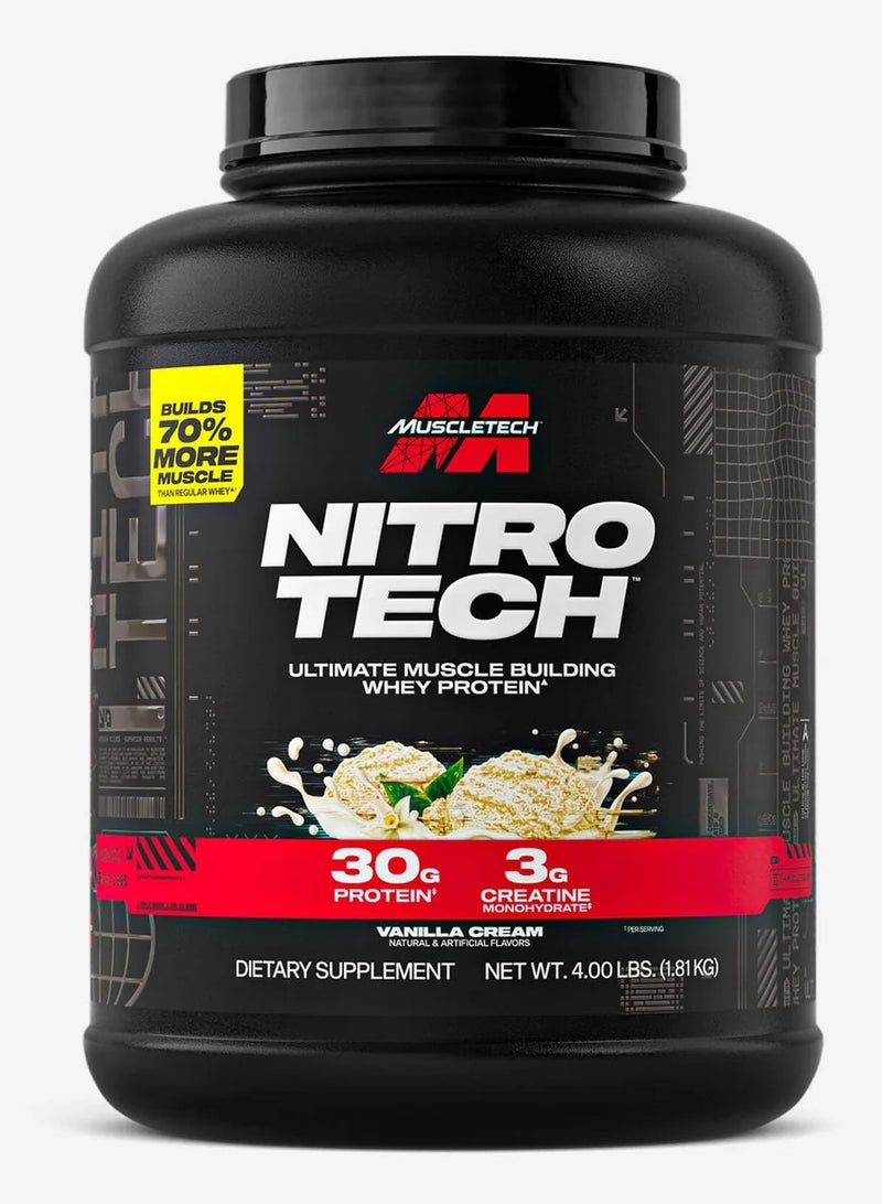 MuscleTech NitroTech Whey Protein Ultimate Muscle Building Formula with a Unique Blend of Whey Protein Isolate & Peptides - 30gm Protein, 3gm Creatine & 6.8gm BCAAs, Vanilla Cream Flavor, 4.00 lbs - Image 1