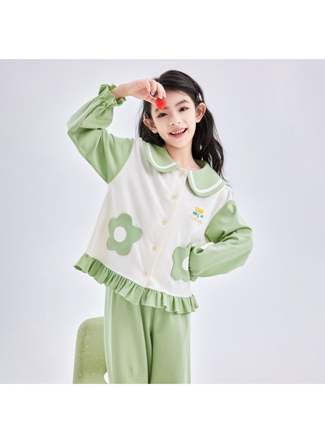Deesha Girls' A-class Cotton Cardigan Pajama Set, 60s High-count High-density, Sweet Long Sleeve Homewear For Spring And Autumn - Image 1