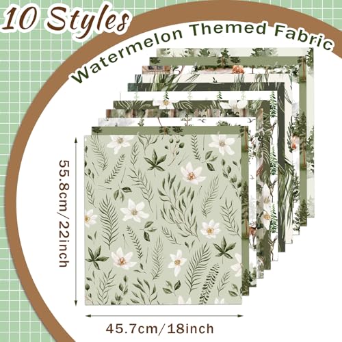 Hahafelt 10 Pcs 18 x 22 Inch Watercolor Forest Fat Quarters Woodland Precuts Quilted Fabric Bundles Reindeer Tree Flower Printed Squares Sewing Material Green Patchwork for DIY Craft Sewing - Image 3