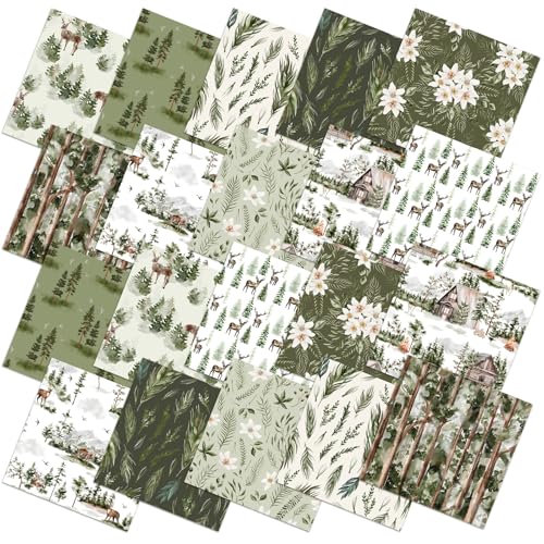 Hahafelt 10 Pcs 18 x 22 Inch Watercolor Forest Fat Quarters Woodland Precuts Quilted Fabric Bundles Reindeer Tree Flower Printed Squares Sewing Material Green Patchwork for DIY Craft Sewing - Image 1