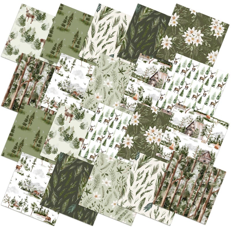 Hahafelt 10 Pcs 18 x 22 Inch Watercolor Forest Fat Quarters Woodland Precuts Quilted Fabric Bundles Reindeer Tree Flower Printed Squares Sewing Material Green Patchwork for DIY Craft Sewing - Image 2