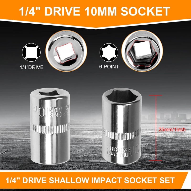 Utoolmart 1/4" Drive 10mm Socket, Shallow Socket Set, for General Repairs, 6-Point, Metric, Cr-V, 12pcs - Image 2