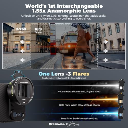 Freewell 155x Anamorphic Lens for iPhone Samsung 3in1 Streak Neutral Gold Blue Cinematic Smartphone Lens with Oval Bokeh Compatible with 17mm Mount Case Cage - Image 3