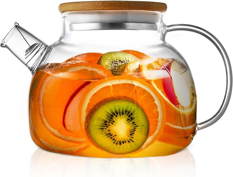Jinelza Glass Teapot Stovetop Safe, Borosilicate Glass Tea Pot with Removable Filter & Bamboo Lid, Microwave Safe Tea Kettle Maker for Tea Infuser Blooming and Tea 1000ML Wooden Lid Kettle 1 PCS - Image 1