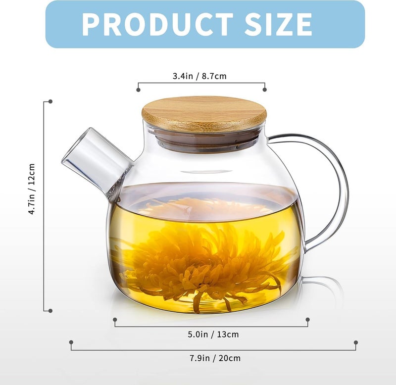 Jinelza Glass Teapot Stovetop Safe, Borosilicate Glass Tea Pot with Removable Filter & Bamboo Lid, Microwave Safe Tea Kettle Maker for Tea Infuser Blooming and Tea 1000ML Wooden Lid Kettle 1 PCS - Image 5