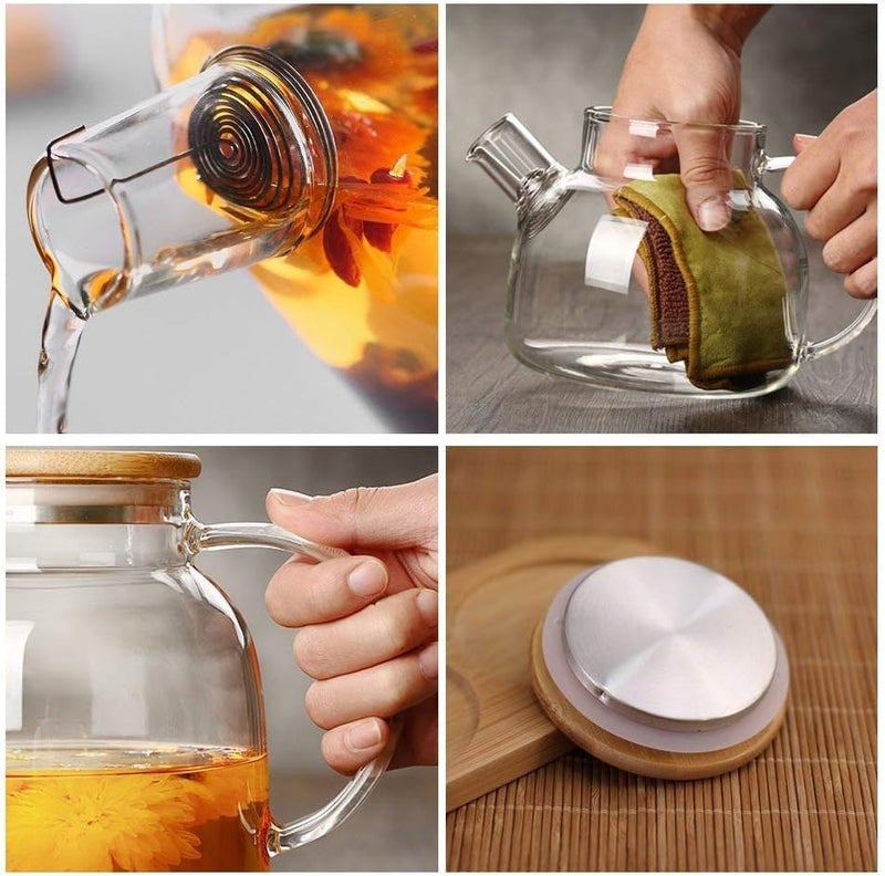 Jinelza Glass Teapot Stovetop Safe, Borosilicate Glass Tea Pot with Removable Filter & Bamboo Lid, Microwave Safe Tea Kettle Maker for Tea Infuser Blooming and Tea 1000ML Wooden Lid Kettle 1 PCS - Image 2