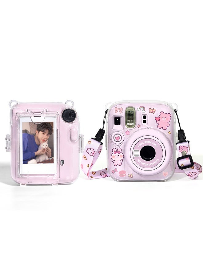 حالة واقية شفافة لـ Fujifilm Instax Mini 13 كاميرا فورية تخزين الصور مربع مع حزام الكتف القابل للتعديل وملصقات نمط (حزام وردي) - Image 2