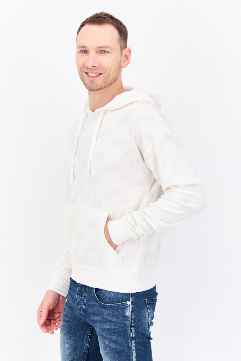 Night Addict سويت شيرت بقلنسوة للرجال بشعار العلامة التجارية بأكمام طويلة، كريمي - Image 2