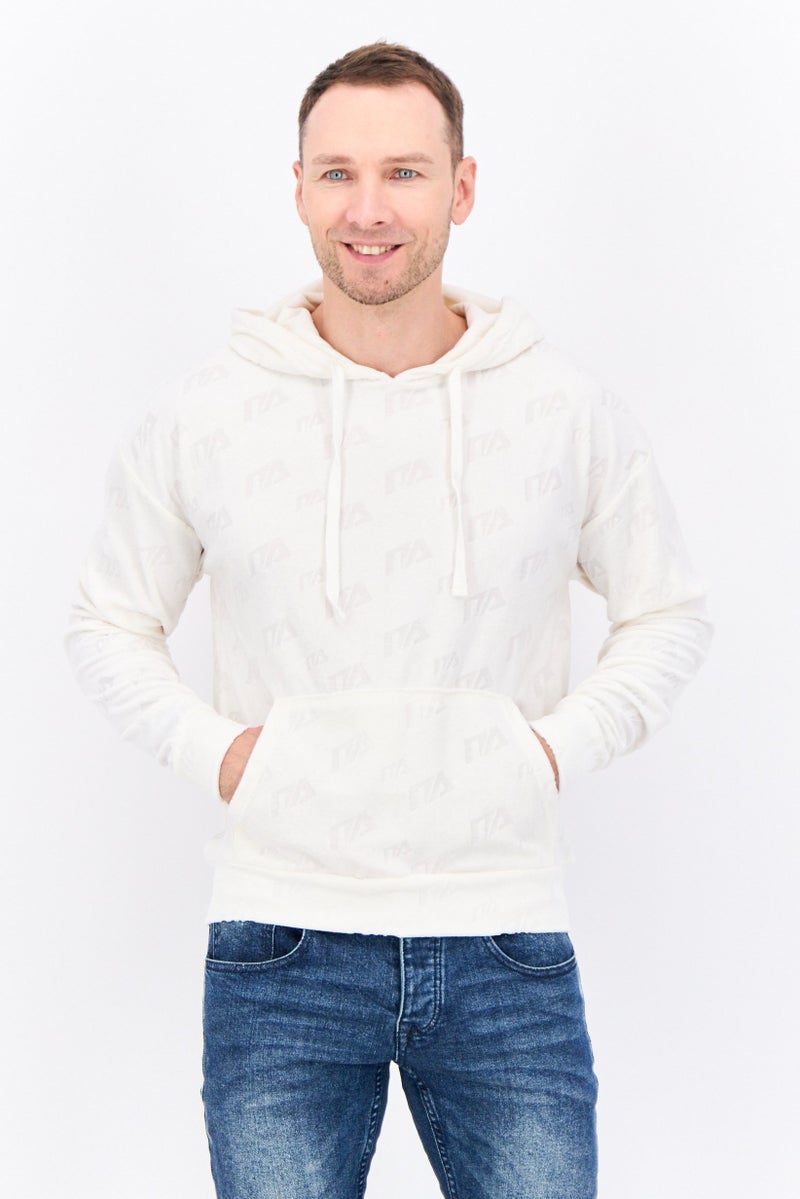 Night Addict سويت شيرت بقلنسوة للرجال بشعار العلامة التجارية بأكمام طويلة، كريمي - Image 1